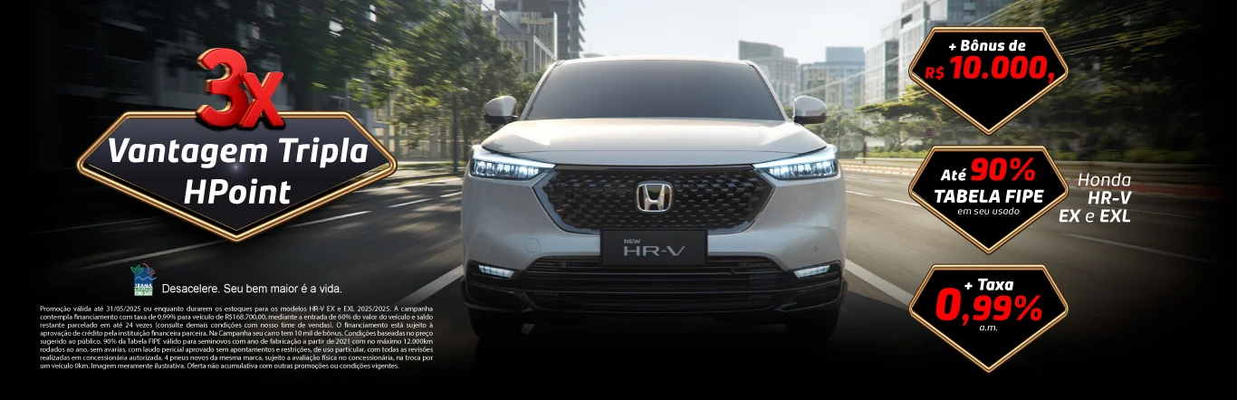 HR-V EX e EXL com 10 mil de bônus + taxa de 0,99%