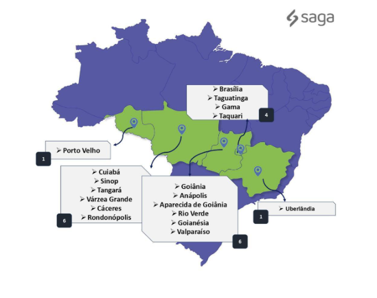 Imagem de mapa do Brasil mostrando cidades em que o Grupo Saga possui concessionárias